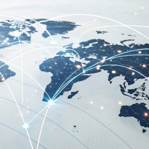 Global Network Visualization World Map with Interconnected Lines Representing Communication and Technology